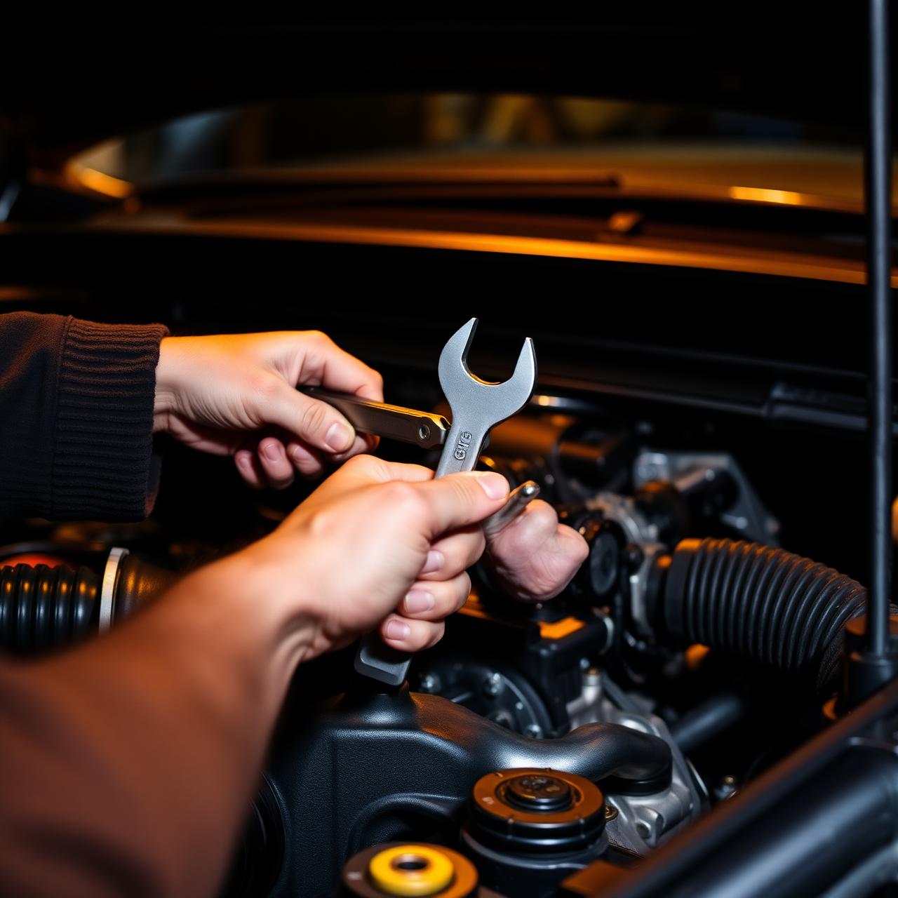 Close-up of a Piercy Autos mechanic repairing a car engine